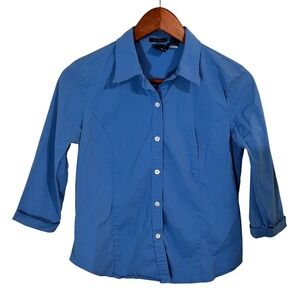 Gap Stretch Blue Button Down Shirt 3/4 Folded Sleeves‎ Women's Size Medium